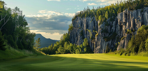 Towering cliffs providing a breathtaking backdrop to the pristine greens.