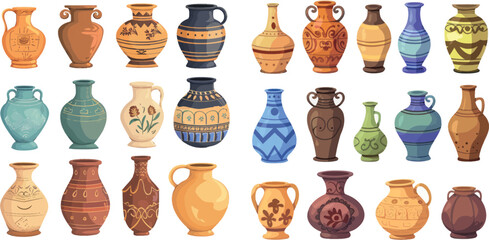 Cartoon greek pots. Ancient pottery ceramic vases, old antique pot jug jars vase - 797727873