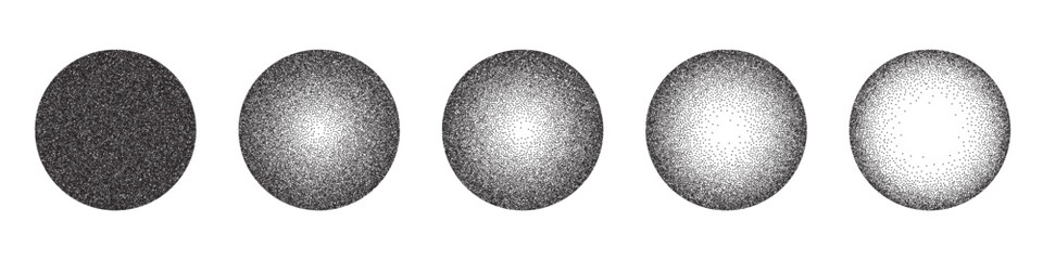 Circles with grain noise texture set vector illustration. Abstract spheres with gradient stipple pattern, globes with gradation to fade of monochrome grainy dots or noise dust on white background