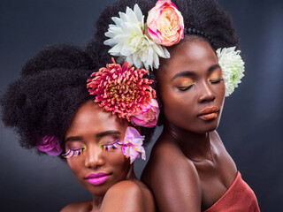 African, women and flowers in natural makeup on studio with gentle skincare with plants. Daisy,...