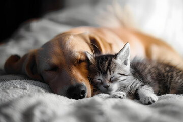 Cat and dog sleeping. Puppy and kitten sleep.