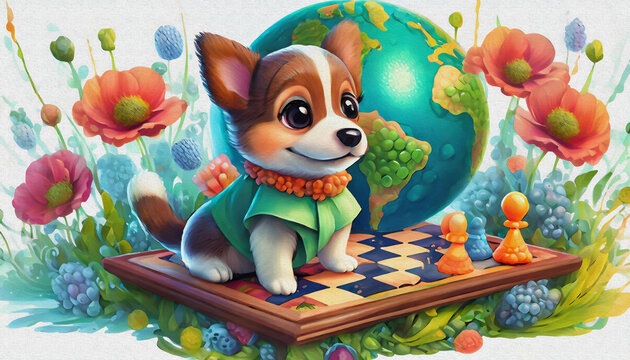 oil painting style CARTOON CHARACTER CUTE baby dog game of chess