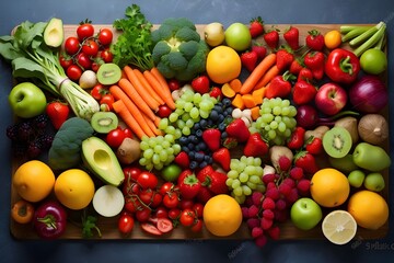 Various fresh fruits and vegetables arranged in a flat layer on a tabletop, including organic fresh veggies for a diet and healthful eating