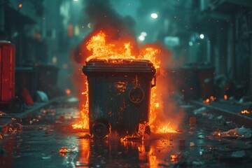 Trash can in Dumpster Fire at the broken street. Dumpster Fire With Heavy Smoke Pollution From Garbage. Riots on the street, protests, chaos and vandalism, cyber punk concept, war and crime. - obrazy, fototapety, plakaty