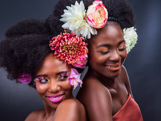 Flowers, art and black women with beauty, skincare and creative or eco friendly cosmetics in...