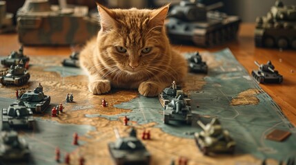 a cat sitting atop a large, spreadout tactical map, surrounded by miniature soldiers and tanks, appearing to strategize and command the troops