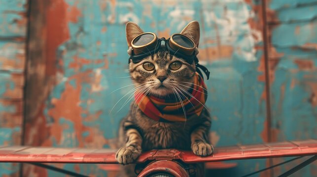 a cat wearing goggles and a scarf in a model airplane, flying against a backdrop of a painted sky on a wall, evoking early flight adventures