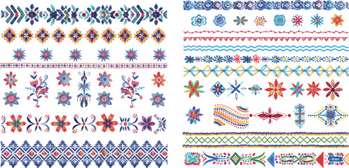 Embroidery stitch set. Cross and line stitches vector patterns, embroydery borders design for folk craft - 797728606