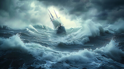 Boat in distress. A ship sailing in the storm on a rough sea, about to sink. A clearing in the sky could prevent it from disaster