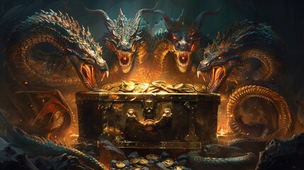 a multiheaded hydra, with each head fiercely guarding a treasure chest of digital coins, symbolizing the strategy of holding onto assets despite market fluctuations