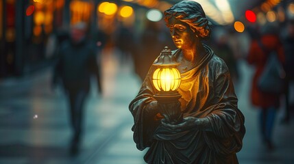 a sculpture holding a lantern or light source, casting light on a dark path walked by others, symbolizing the role of a leader in illuminating the way forward