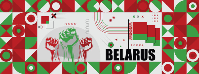 Belarus national or independence day banner for country celebration. Flag and map of Belarus with raised fists. Modern retro design with typorgaphy abstract geometric icons. Vector illustration	