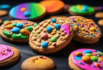 AI generated illustration of assorted cookies with sprinkles and chocolate on dark background