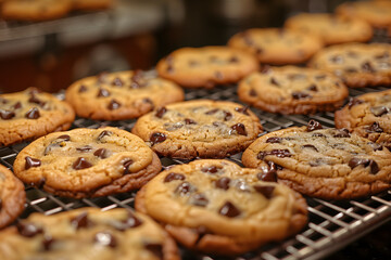 A batch of warm, freshly baked chocolate chip cookies lies on a cooling rack, filling the air with a delightful aroma