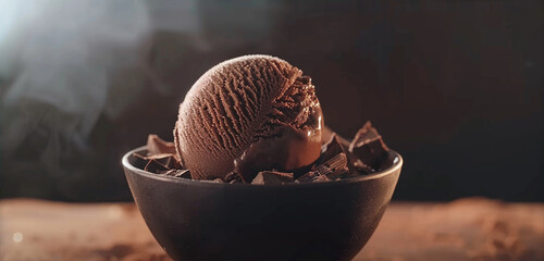 A scoop of rich, velvety chocolate ice cream in a bowl.
