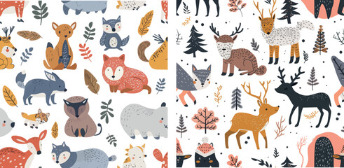 Scandinavian animals seamless pattern. Hand drawn cute creatures of wild nature for wallpapers or posters