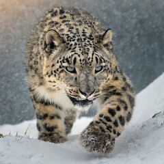 AI generated illustration of a snow leopard gracefully walking on snowy terrain in bright daylight