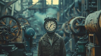 a worker whose head is replaced by a giant clock, standing amidst machinery This surreal image could reflect the relentless passage of time and the mechanical nature of factory jobs