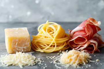 ingredients of a traditional italian spaghetti alla carbonara, spaghetti pasta, ham and parmeggiano or parmesan cheese, modern recipe concept, closeup