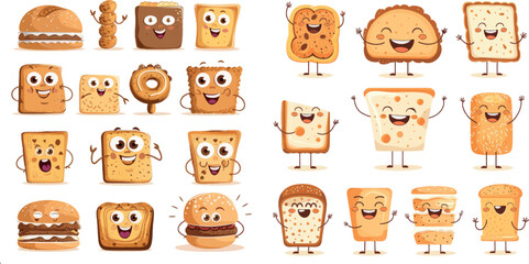 Bread characters. Funny tasty bakery pastries, cartoon happy breads faces character set - 797729212
