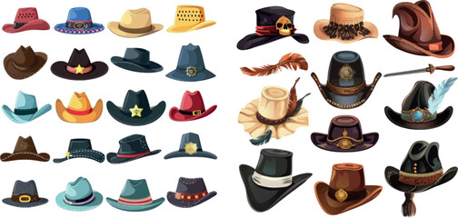 Carnival costumes hats. Fashion hat clothes accessory collectiorn, vintage police sheriff and traditional - 797729279