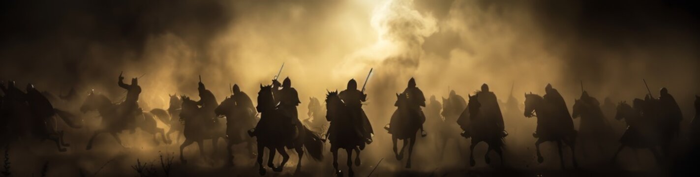 Medieval battle scene with cavalry and infantry. Silhouettes of figures as separate objects, fight between warriors on dark toned foggy background. Night scene. Selective focus