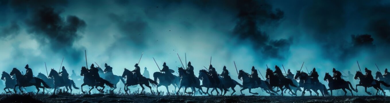 Medieval battle scene with cavalry and infantry. Silhouettes of figures as separate objects, fight between warriors on dark toned foggy background. Night scene. Selective focus