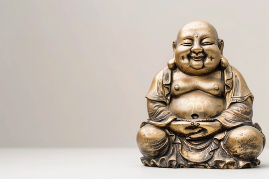 AI generated illustration of a golden smiling Budai statue on a white background