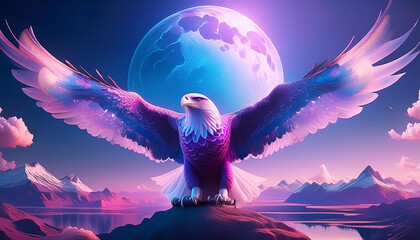 満月の夜空に羽ばたく鷲 - obrazy, fototapety, plakaty