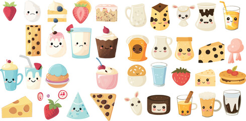 Dairy products kawaii flat vector illustrations set