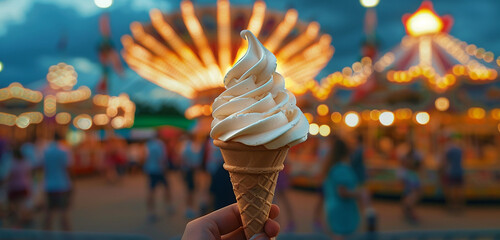 Ice cream cone held against a backdrop of a summertime carnival.