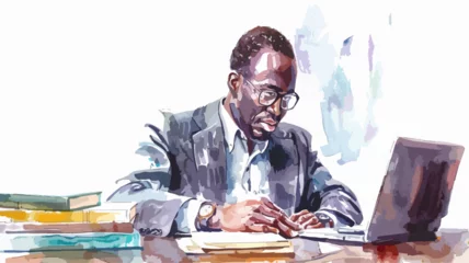 Deurstickers Afro Amerikaner Laptop Behörde Business Mann Afrikaner Büro Arbeit Analisieren Anwalt Kaufmann Berater © THM