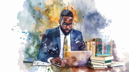 Deurstickers Afro Amerikaner Laptop Business Mann Afrikaner Büro Arbeit Behörde Analisieren Anwalt Kaufmann Berater © THM