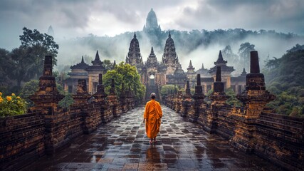 AI generated illustration of a monk strolling through a temple's courtyard