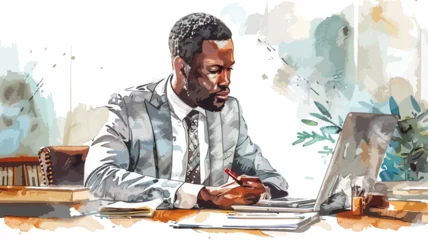 Fotobehang Afro Amerikaner Business Mann Anzug Start-Up Afrikaner Büro Arbeit Laptop Arbeitsplatz Wasserfarben © THM