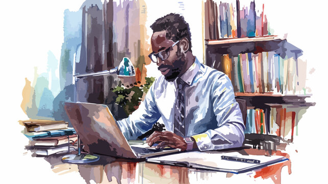 Afro Amerikaner Business Mann Start-Up Afrikaner Büro Arbeit Laptop Arbeitsplatz Wasserfarben