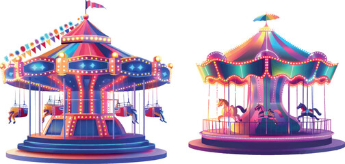 Outdoor funfair carnival, amusement park with colorful neon attraction carousel - 797730036