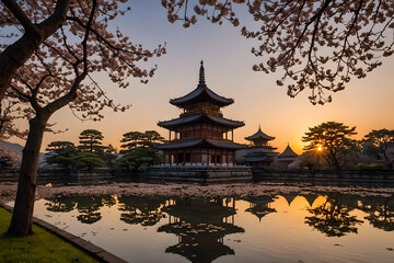 Fototapeta premium Landscape with a classic Pagoda palace by the lake at sunset. Cherry blossom above mirror-like water surface. Amazing 3D landscape. Digital illustration. CG Artwork Background