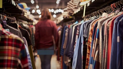 Naklejka premium Shopper browsing through various garments at a warmly lit thrift store with an array of clothing options.