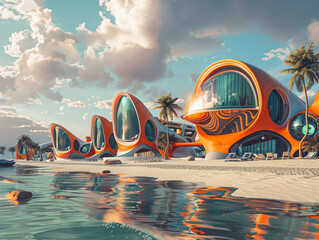 Sea coast with abstract futuristic resort. Creative summer scene with urban luxury design buildings. - obrazy, fototapety, plakaty