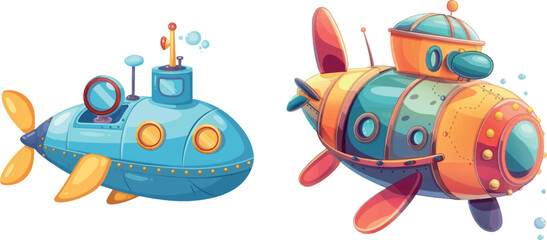 Cartoon submarines. Cute childish submarine with iron arm propeller periscope porthole for undersea