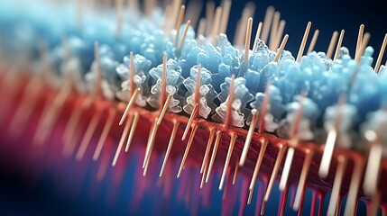 A close-up of a toothbrush bristle, with microscopic details magnified to showcase its effectiveness in cleaning teeth - obrazy, fototapety, plakaty