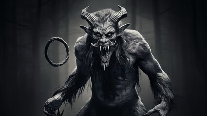 monochrome portrait of a scary looking krampus, photo