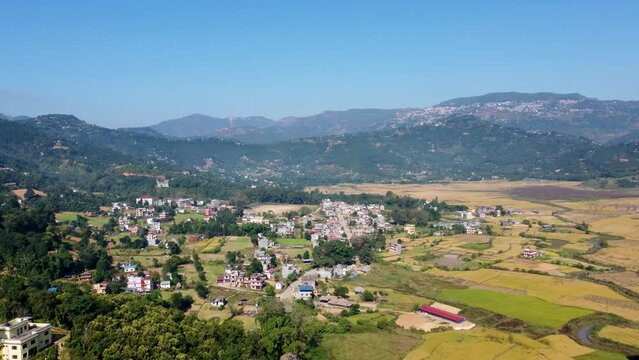 Aerial view of the rural houses and green fields in Tansen city in Palpa, Lumbini, central Nepal