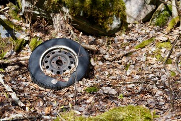 Car tires and other trash dumped illegally along a road near Angvika, Norway.