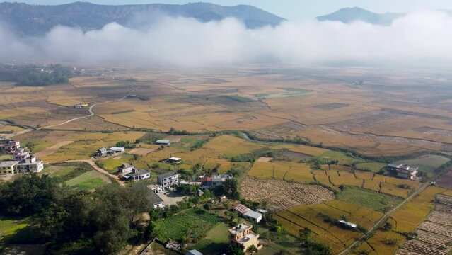 Aerial view of the rural houses and green fields in Tansen city in Palpa, Lumbini, Nepal