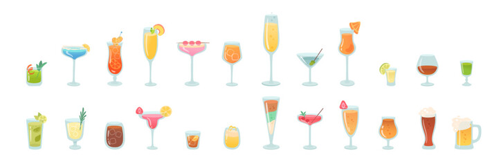 Glasses of alcohol cocktails set vector illustration. Cartoon drinks isolated on white background. Celebration with toasts and cheering. Party time. Summer beach. Beverage menu