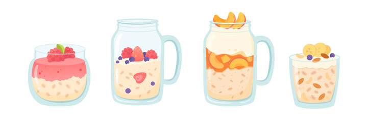 Oatmeal cups with fruits and nuts vector illustration set. Cereal porridge for breakfast. Oat food. Natural product. Healthy food concept