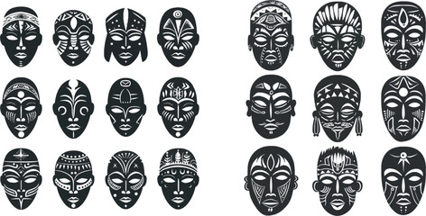 Tribal mask icons. Monochrome ethnic masks vector