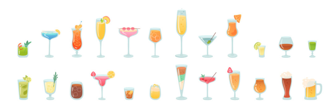 Glasses of alcohol cocktails set vector illustration. Cartoon drinks isolated on white background. Celebration with toasts and cheering. Party time. Summer beach. Beverage menu